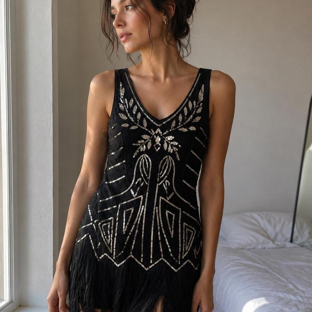 BABEYOND Art Deco Beaded Fringe Flapper Dress Gatsby Black Silver Large